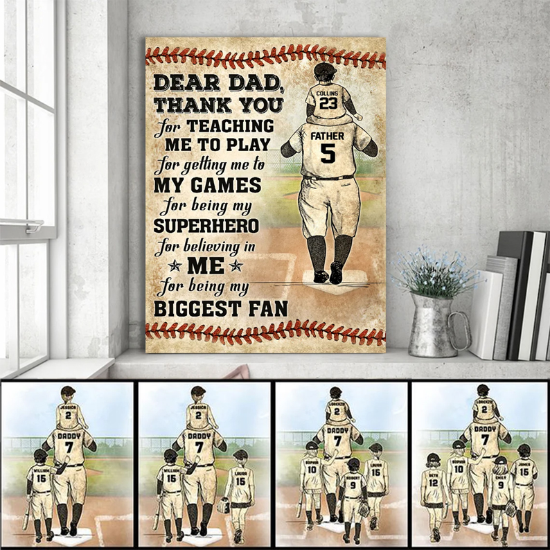 Personalized Dear Dad Baseball Canvas Wall Art Daddy And Kids Vintage Poster Fathers Day Gift Baseball Players Custom Name And Number